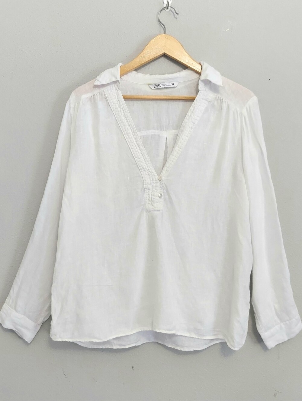 Zara Linen Loose Fit White Tunic Top Long Sleeve Women Small Lagenlook
